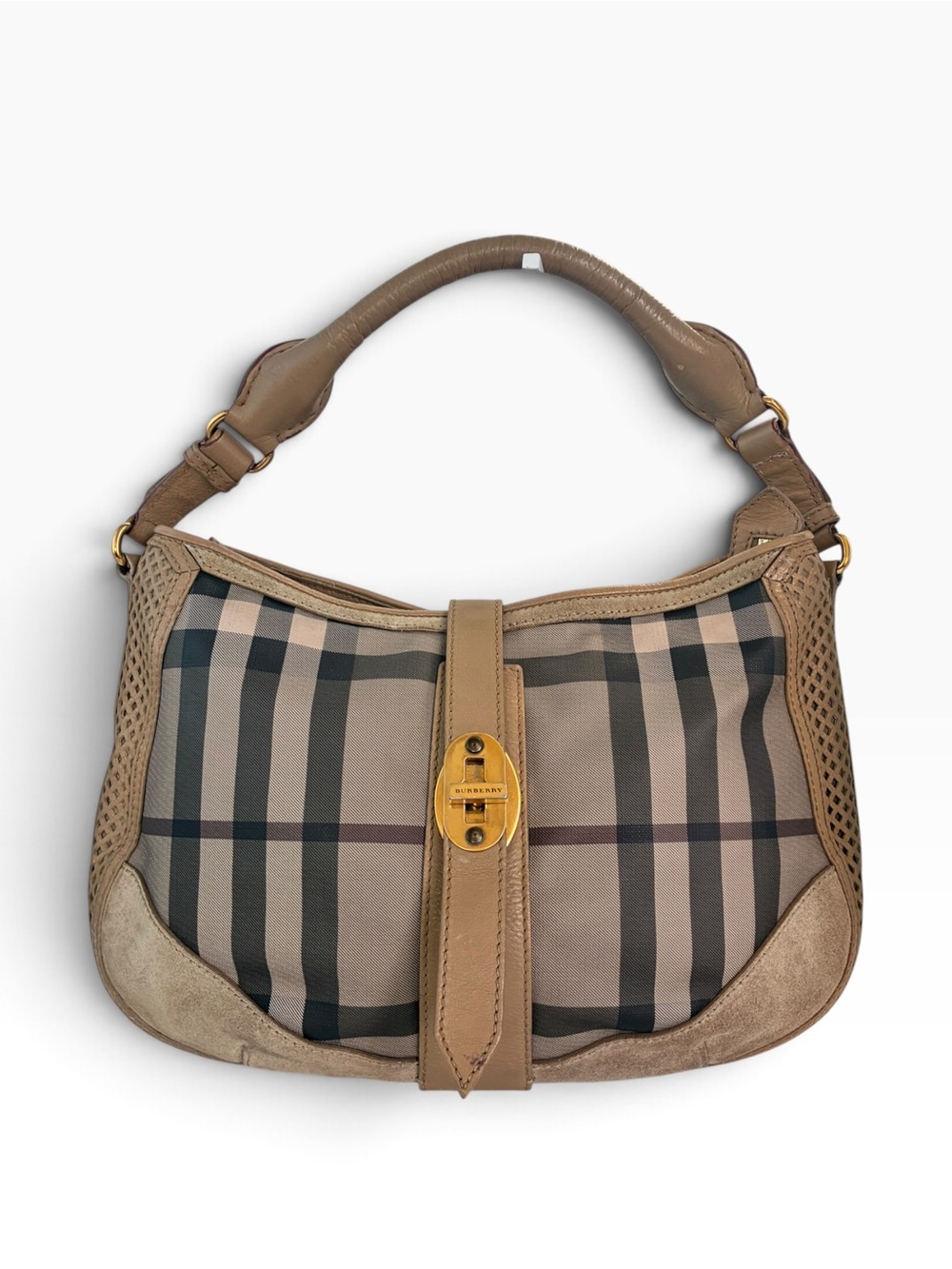 Burberry Beige and Black Check Shoulder Hobo Bag